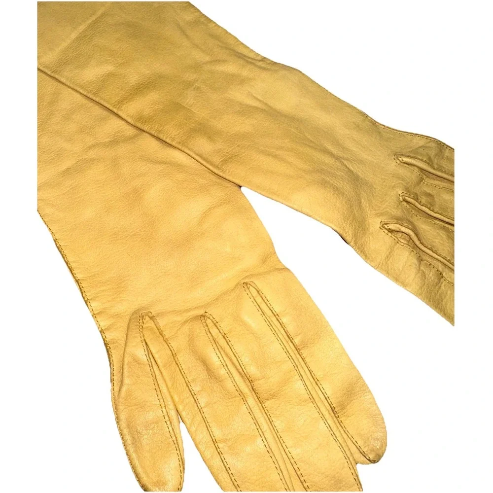 Vintage 1950's Kay Fuchs Design Yellow Kid Leather Long Opera‎ Gloves 6 1/4